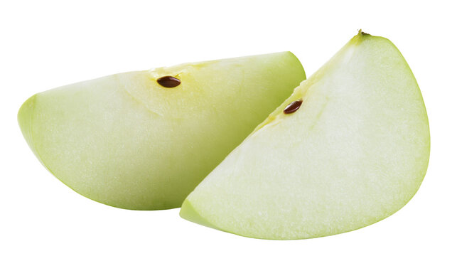 Isolated fresh green apple slices with seeds, healthy fruit wedges cut for snack