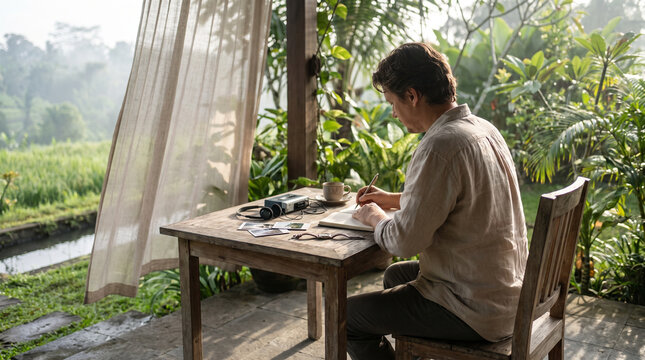 Man Journaling on a Peaceful Tropical Veranda