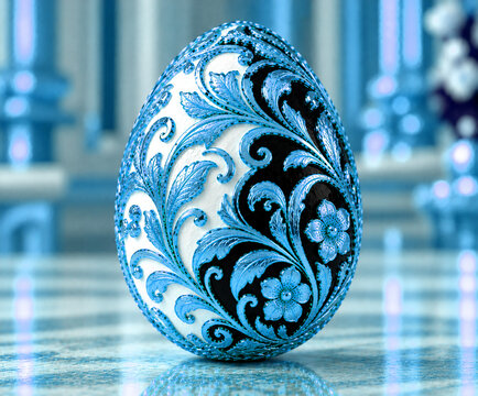 Blue and Gold Ornate Easter Egg with Intricate Black Floral Pattern