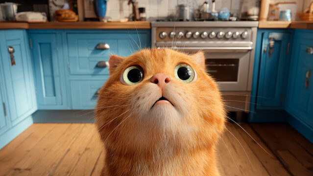 A fluffy orange cat with big green eyes looks up curiously in a bright kitchen, perhaps spotting a treat.