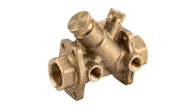 Brass backflow preventer valve body for industrial plumbing systems isolated on white background