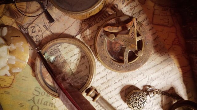 Vintage traveler desktop setup with old world map quill pen spectacles and antique bronze sundial compass in warm candlelight.