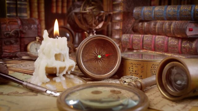 Vintage explorer desk featuring lit candle and brass compass on ancient map with stack of old books and telescope.