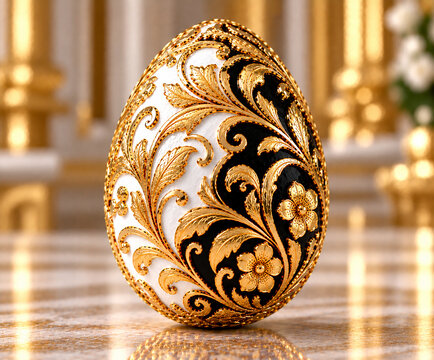 White and Gold Ornate Easter Egg with Black Baroque Floral Pattern