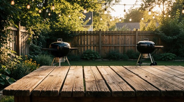 Empty wooden table in backyard garden with two black charcoal grills. String lights hang over patio area near green grass, wooden fence. Summer evening outdoor scene for family picnic backyard bbq