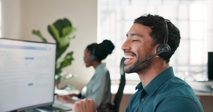 Computer screen, speaking and happy man in call center for tech support, virtual assistance or IT. Desktop, headset or person with help for customer service, coworking or laugh with software feedback