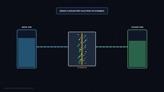 3D animation showing redox flow battery electrolyte dynamics with anode tank, cathode tank, and ion exchange membrane during energy storage process