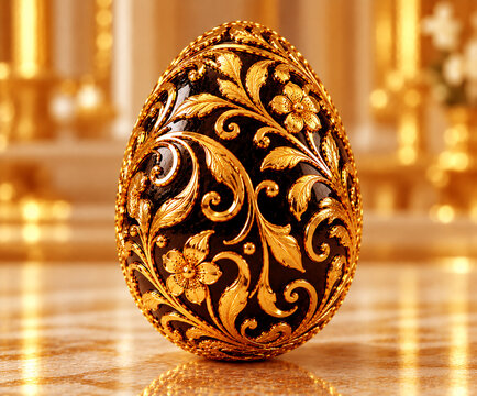  Black and Gold Ornate Easter Egg with Intricate Baroque Floral Pattern