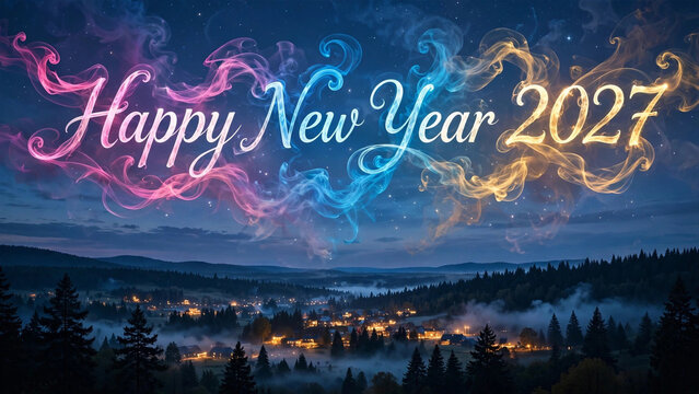 Happy New Year 2027 written in colored smoke across twilight sky