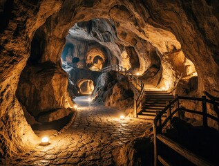 Fototapeta premium Large underground cave with stone walkway, wooden stairs. Warm lights illuminate natural rock walls, cavern ceiling. Tourists explore ancient cave city via paved path, safety railings. Beautiful