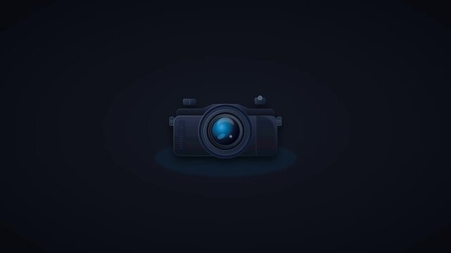 Stylized futuristic digital camera with glowing lens and subtle blue illumination, representing photography technology, imaging devices and modern visual communication.