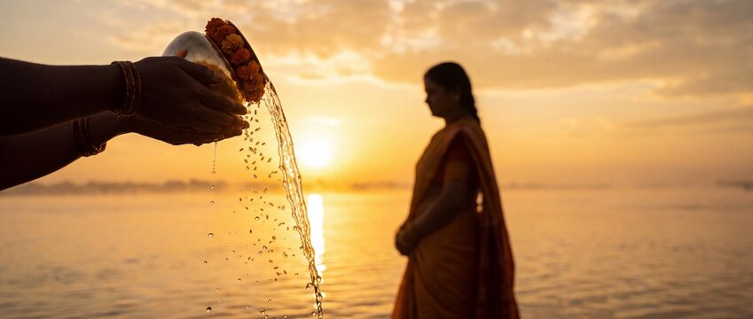 Chhath Puja Arghya ritual offering holy water to the rising sun from a brass vessel at golden sunrise, Indian woman devotee silhouette, spiritual festival banner