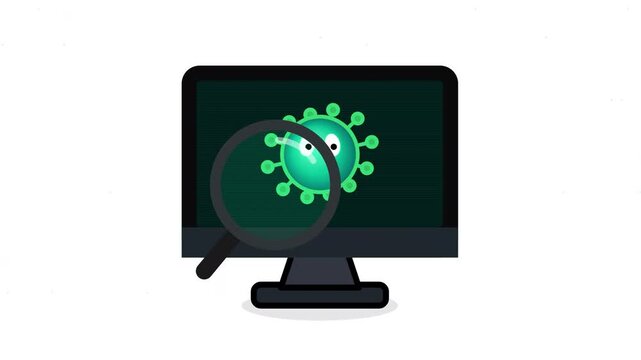 Magnifying glass scanning computer monitor screen for digital virus and malware threat.