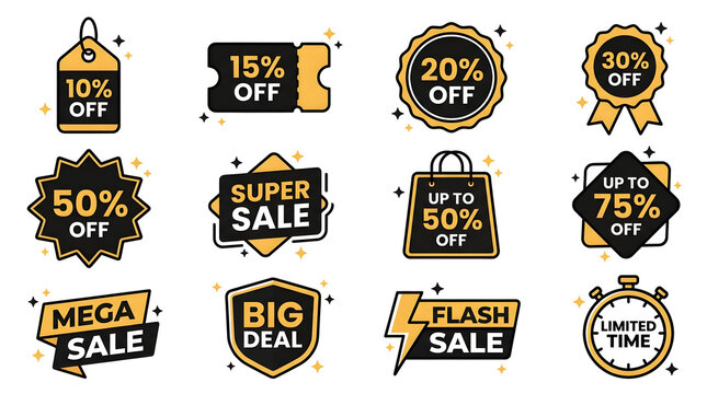 Big collection of Black Friday sale badge vector icons. Yellow and black discount promo labels, price tags, and special offer stickers bundle isolated on white background