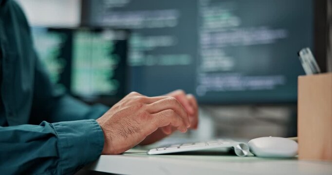 Hands, programmer and typing in office with computer, coding and system analysis for cybersecurity. Person, screen and programming in workplace with pc, testing encryption and code for debugging cpu