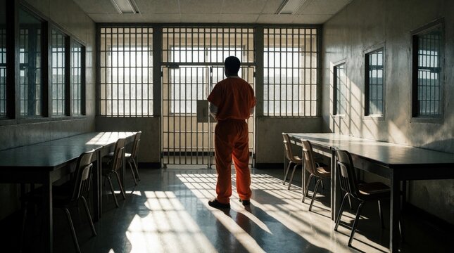 Prison inmate in orange jumpsuit stands alone in jail cell area. Convict looks through metal bars at empty visiting room. Man faces steel gate in dark prison corridor with long shadows on floor.