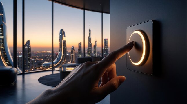 Close up of finger pressing glowing smart light switch on wall. Person controls home automation system in luxury apartment. Modern interior with big window shows city skyline at sunset. High tech