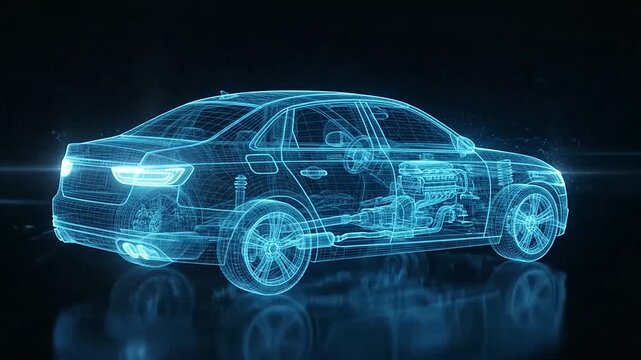 Futuristic digital blue hologram of a sedan car chassis