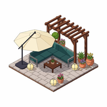 Cozy outdoor patio with pergola and potted plants.