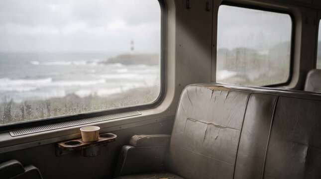 Empty Train Car Interior With Rainy Ocean View