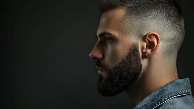Young man in profile with beard and short hairstyle against dark background  