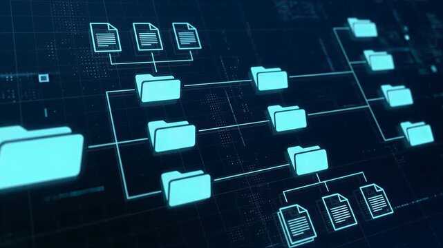 glowing blue folder and file tree structure representing data organization