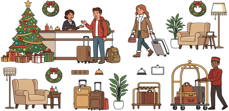 Christmas hotel lobby vector set with guests checking in and bellhop moving winter baggage