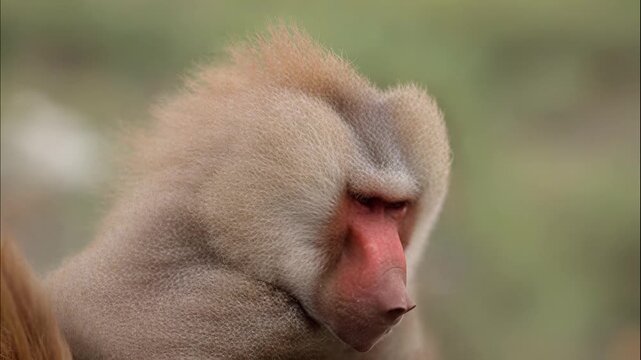 Close-up portrait of a hamadryas baboon with distinctive fur and red face in natural environment