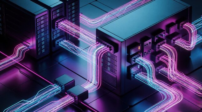 Digital illustration of high speed leased line internet connection between two modern office buildings. Glowing fiber optic cables transfer data through urban network. Secure cloud computing,