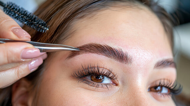 During a professional brow lamination treatment, a skilled female beauty therapist uses a fine tweezer to refine an adult woman's eyebrow while a spoolie brush rests nearby, extreme close-up composi