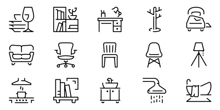 Furniture Thin Line Icons Set for Home, Office and Interior Design. Vector Illustration.