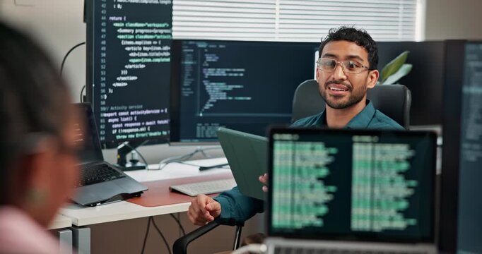 Tablet, computer screen and programmer talk with team for code review, bug report or pull request. Tech, coding and happy man in office for software planning, logic advice or algorithm optimization
