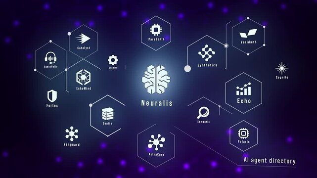 Futuristic AI Agent Directory Autonomous AI Workflow Network Visualization Motion Graphics Loop