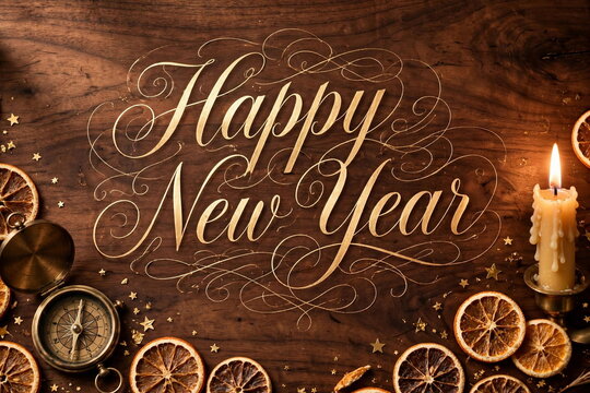 Happy New Year in gold copperplate calligraphy on dark walnut wood
