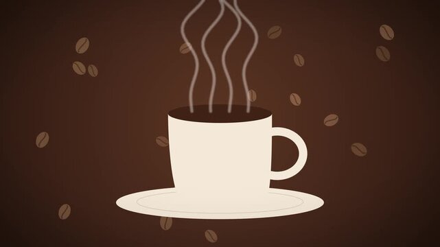 Hot coffee cup with rising steam and floating coffee beans on brown background. Flat cafe animation seamless loop for menu and morning