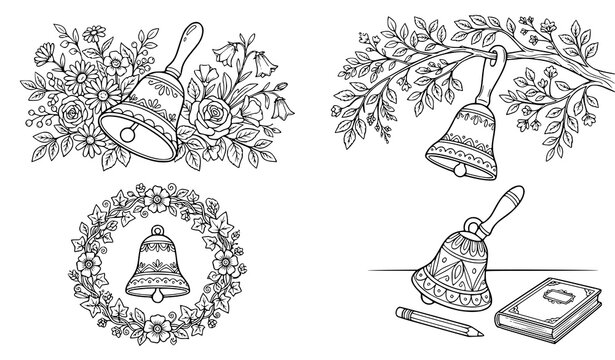 Decorative collection of vintage bells wreath branches and handbell elements in detailed black line art