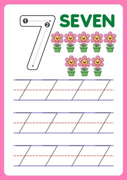 Educational math worksheet for children to practice writing, counting, and tracing the number seven (7). Printable handwriting and number recognition activity page designed for preschool, kindergarten