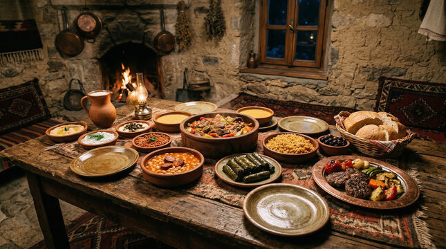 Traditional Anatolian feast with assorted mezze, flatbread, dips and colorful dishes arranged on a rustic table in a warm historic interior.