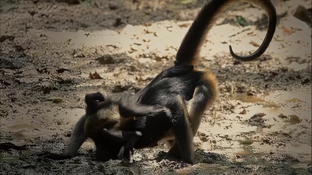 A spider monkey foraging on the ground in a natural forest habitat during a sunny afternoon