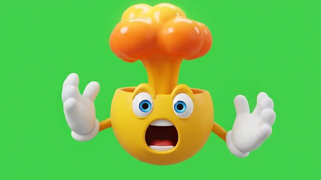 3d exploding head emoji with shock expression on green screen