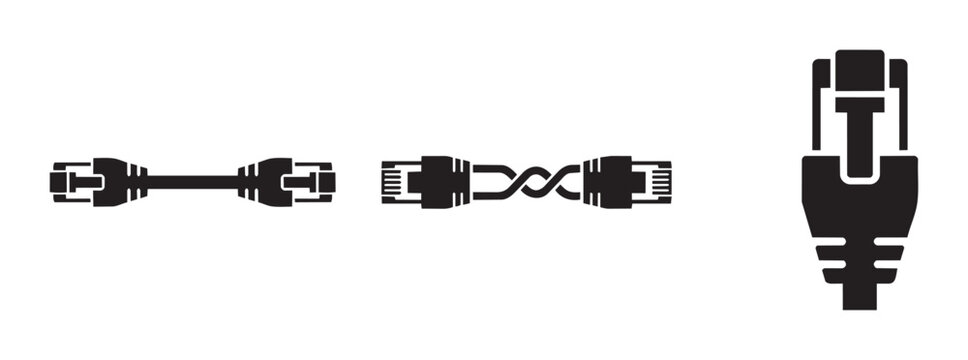 Ethernet cable icons set with straight and twisted connections for technology and networking