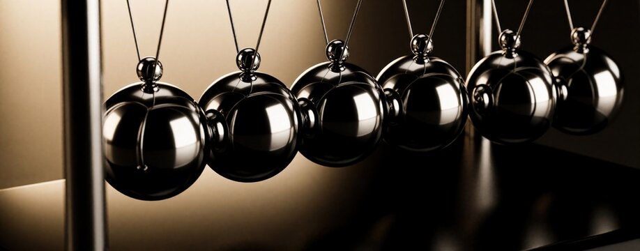 Newton cradle with silver metal spheres in motion. Shiny steel balls collide in physics demonstration of kinetic energy, momentum. Scientific toy shows impact, reaction on dark background. Minimalist