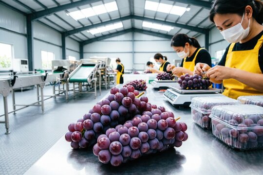 Racimos de uvas moradas y carnosas reposan sobre mesas de acero inoxidable en la ajetreada sala de procesamiento de un vi&ntilde;edo