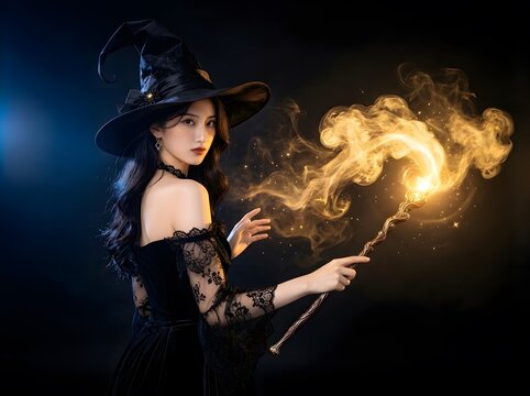 Young asian witch casting a golden spell with a magic wand