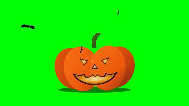 4K 60fps motion graphic animation featuring a glowing carved Halloween pumpkin with realistic eye and mouth candlelight flicker, flying spooky bats with harmonic wing flaps, floating ghost orbs, and c