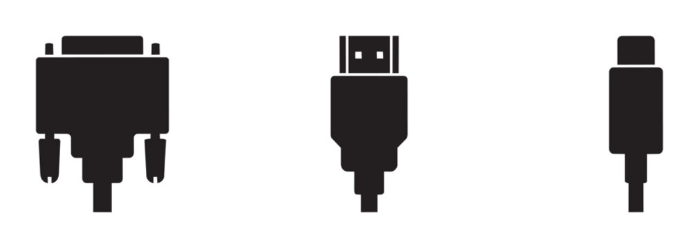 Computer cable connectors set, VGA, HDMI and USB plugs for technology and data transfer