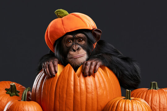 Chimpanzee in pumpkin hood resting on carved jack-o-lantern pumpkin