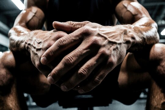 Close up of sweaty muscular hands of male athlete. Veins pop on skin after intense bodybuilding training session in gym. Strong man rests between sets, showing extreme physical effort, heavy