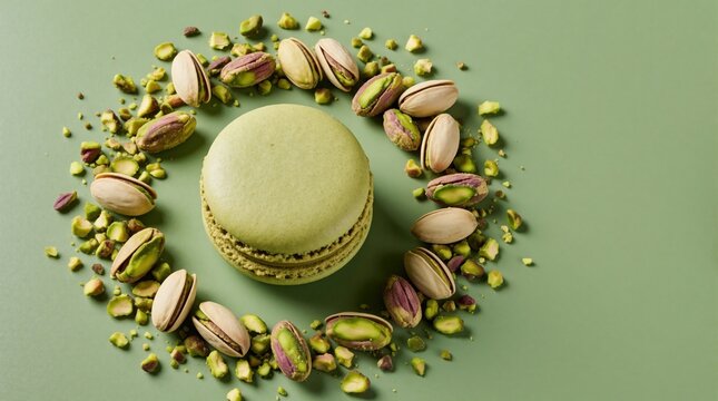 Green pistachio macaron placed in center of circle made of raw nuts. Top view of tasty French dessert on olive background. Gourmet sweet pastry with crushed nuts decoration for cafe menu bakery