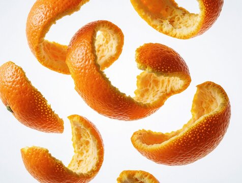 Bright orange peels float in mid air on white background. Curled citrus rind pieces spiral through space. Fresh fruit skin textures create dynamic motion effect. Healthy organic vitamin C concept